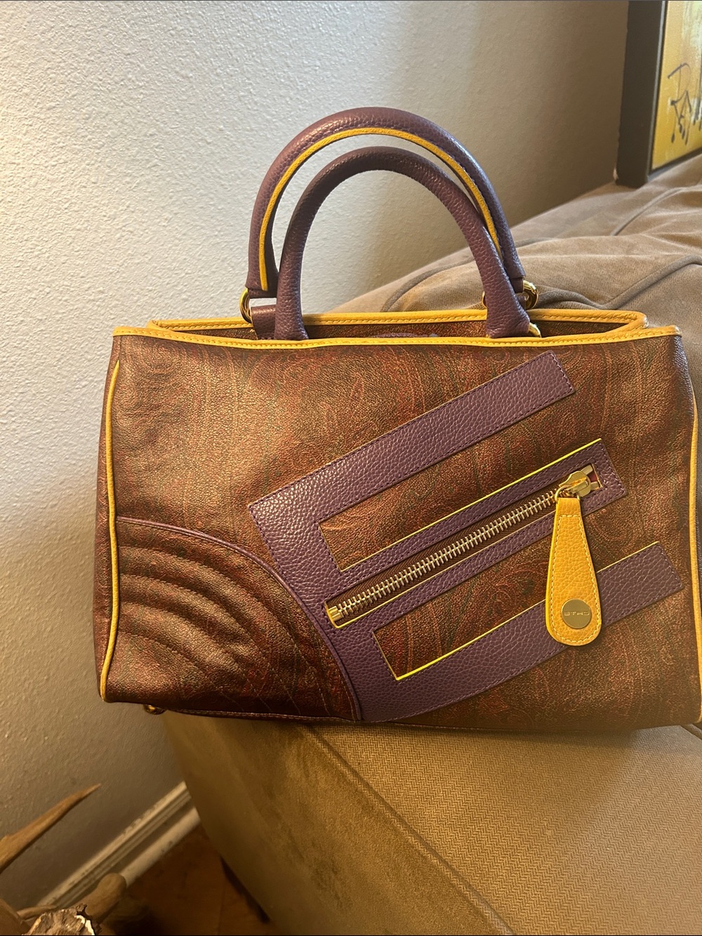 Etro Brown & Yellow Leather Accent Satchel -